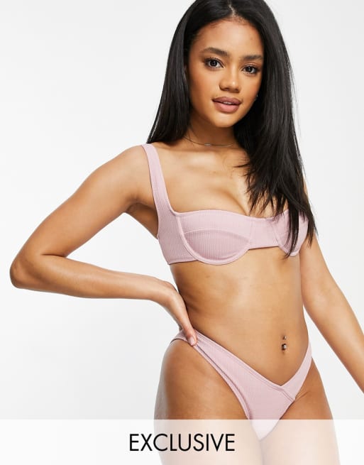 Fashion Union – Exclusive – Różowe prążkowane bikini z górą o kroju balkonetki, z fiszbinami