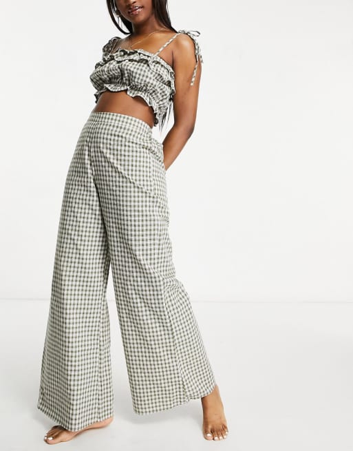 Fashion Union Exclusive ruffle beach co-ord set in Khaki check
