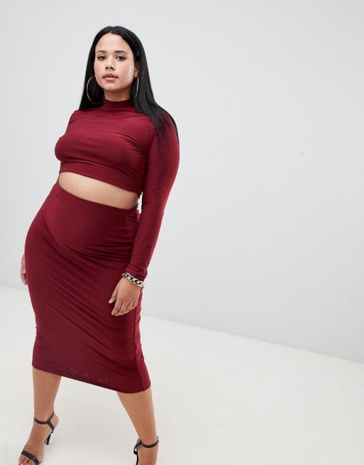 Fashionkilla - Combi-set met lange, hoogsluitende crop top en rok in bessenkleur