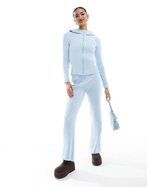 Fashionkilla - Completo in maglia blu chiaro con felpa con cappuccio e pantaloni dritti