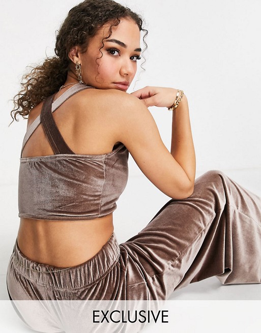 Fashionkilla exclusive velour strappy crop top co ord in mink