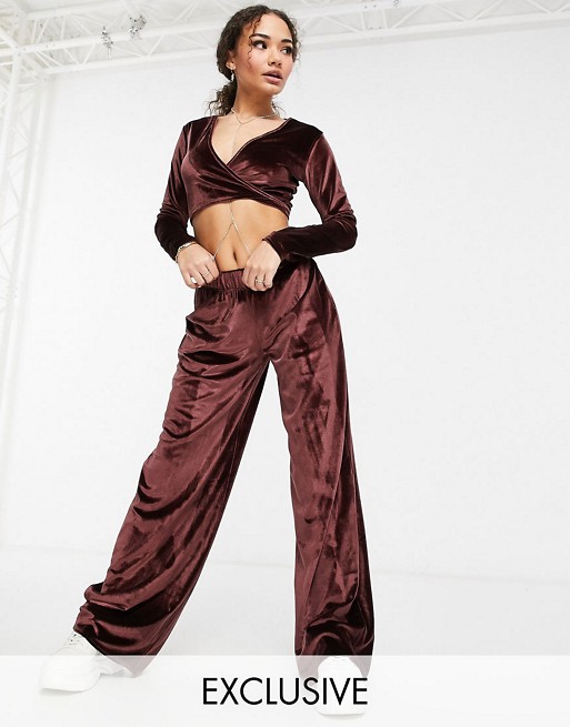 Fashionkilla exclusive velour wrap front tie detail top co ord in chocolate