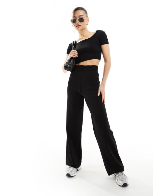 Fashionkilla knit pointelle crop t-shirt and wide leg pants set with lace trim