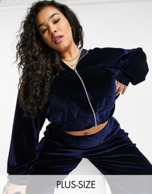 Fashionkilla Plus exclusive velour hoodie & joggers co ord in navy
