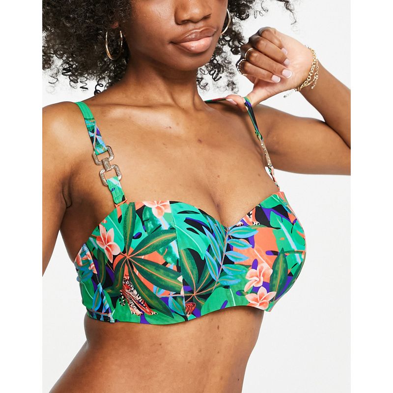 Bikini FzfHf Figleaves Coppe Grandi - Coordinato multicolore con top a fascia con ferretto e stampa tropicale con tigre
