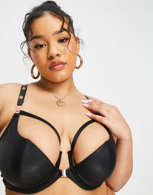 Figleaves Curve – Envy – Lingerie-Set aus Kunstleder mit Frontverschluss und grobem Netzstoffdetail in Schwarz