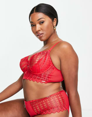 Figleaves Curve Taboo rope embroidered lingerie set with zip front detail in red