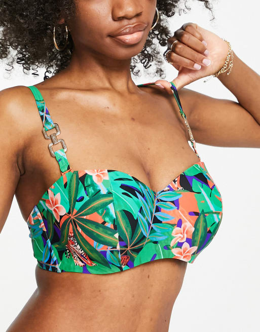 Figleaves Fuller Bust – Góra od bikini z fiszbinami, dekoltem bandeau i tropikalnym tygrysim wzorem
