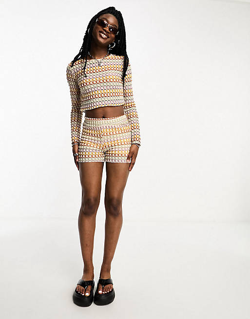 Fire & Glory long sleeve crochet effect crop top and shorts set in