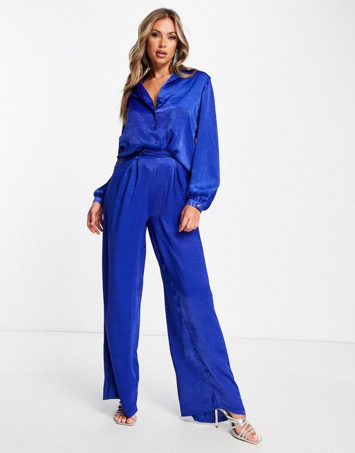First Distraction The Label satin shirt and high waisted wide leg ...