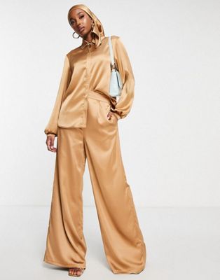 Flounce London button up satin shirt, palazzo trousers and headscarf in sand