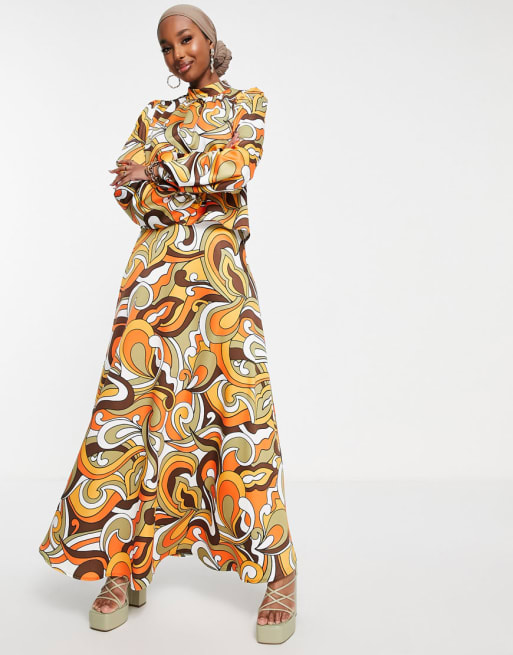 Flounce London - Co-ord set van satijnen blouse met ballonmouwen en maxirok in ton-sur-ton 