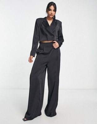 Flounce London cropped blazer and trousers black satin co-ord