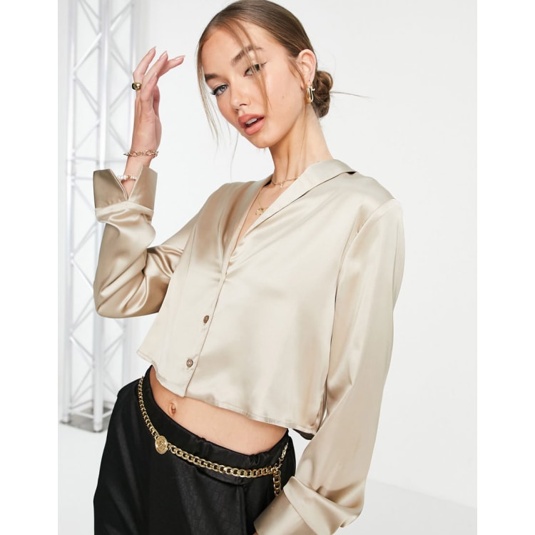 Flounce London cropped long sleeve satin shirt and wrap mini skirt