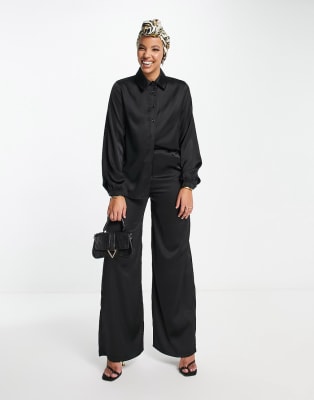 Flounce London modest palazzo trouser and top co-ord in black satin | ASOS