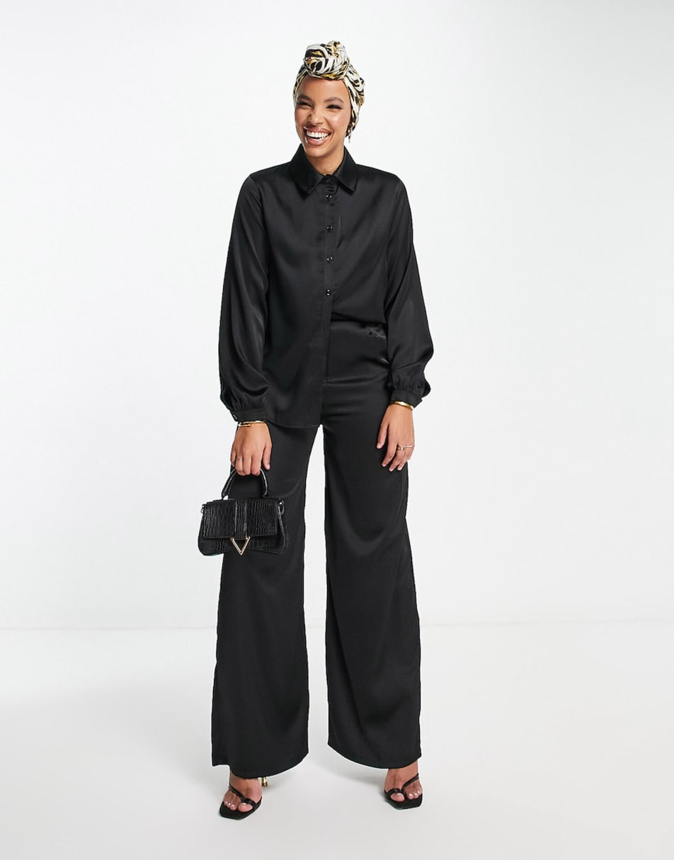 Flounce London satin palazzo pants in black satin - part of a set