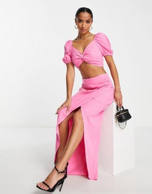 Flounce London Petite maxi skirt and crop top in pink co-ord