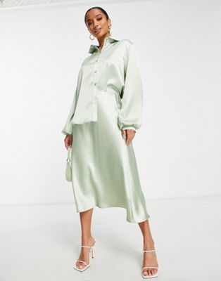 Flounce London Petite oversized shirt and midi skirt in sage satin co-ord