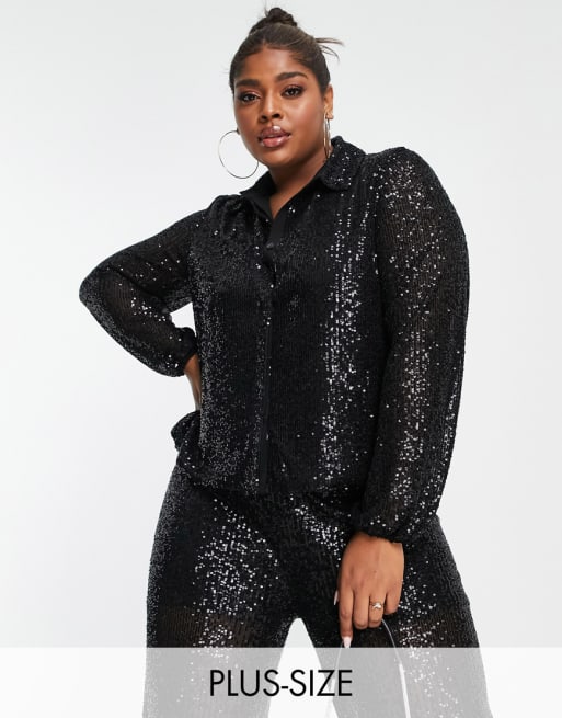 Flounce London Plus - Ensemble avec chemise à sequins à manches ballon et pantalon large