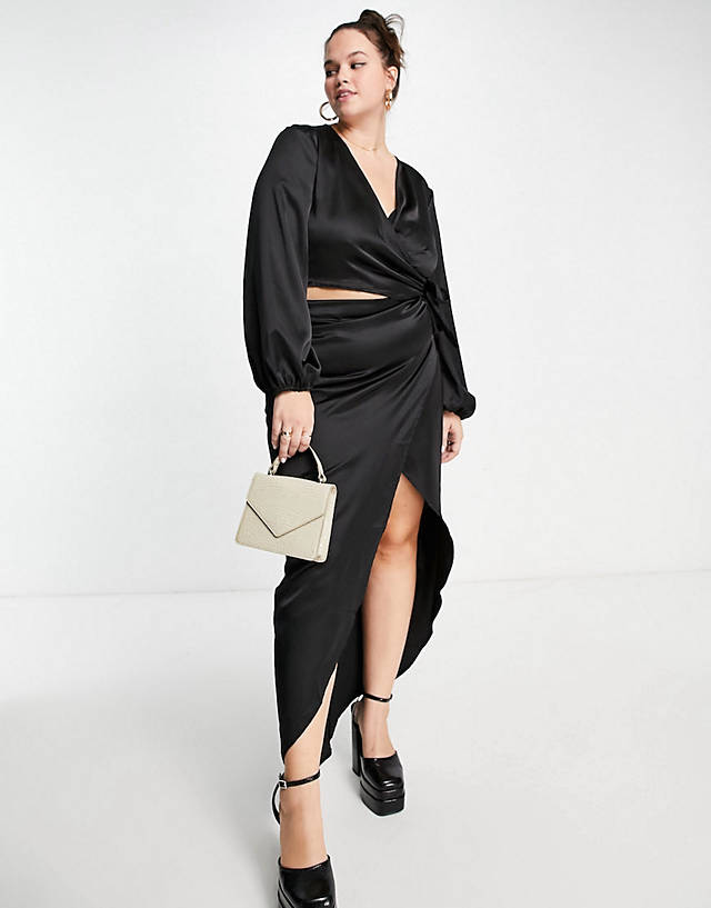 Flounce London Plus - satin blouse with balloon sleeves and split skirt in black c