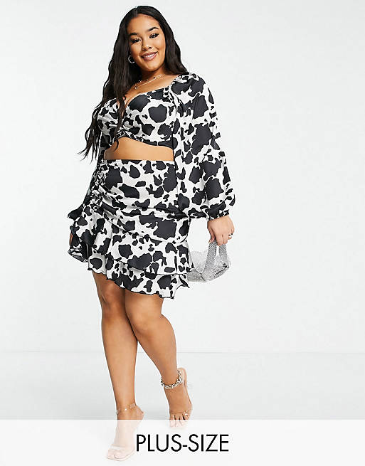 Flounce London Plus twist front crop top and ruched flippy mini skirt co-ord in 