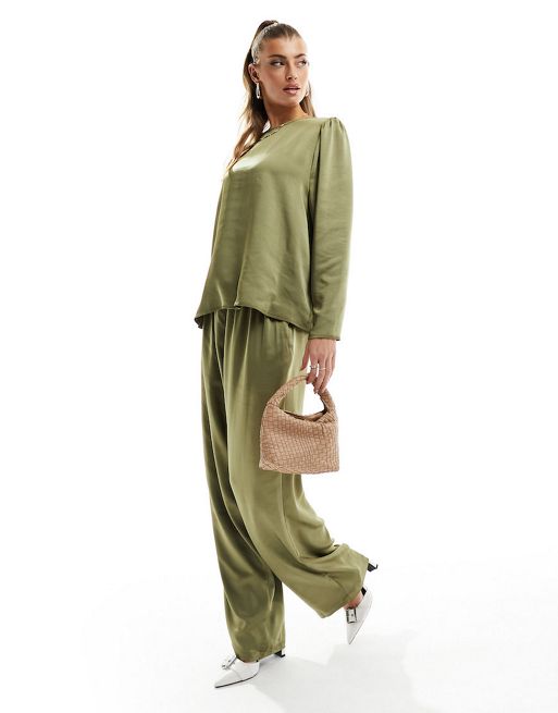 Flounce London satin top and floaty trousers in olive co-ord
