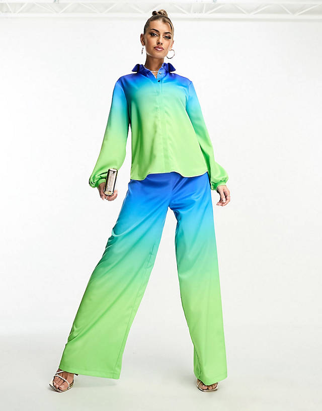 Flounce London - shirt and satin trousers in blue and green ombre co-ord