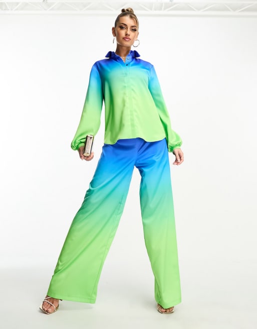 Flounce London shirt and satin trousers in blue and green ombre co-ord