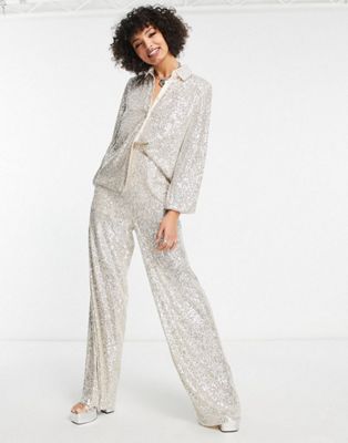 Flounce London Tall relaxed sequin shirt and trousers in silver sequin co-ord