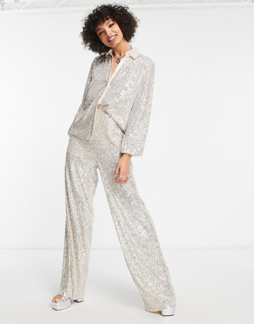 Flounce London Tall relaxed sequin shirt and trousers in silver sequin ...