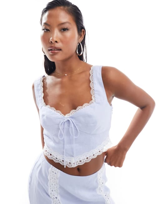 Forever New Petite top & lace detail maxi skirt set in baby blue