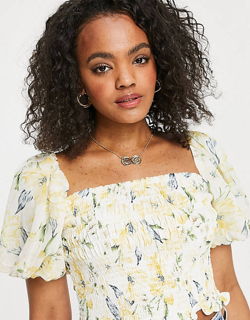 Forever New shirred puff sleeve crop top and midi skirt co-ord in yellow floral