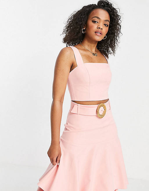 Forever New square neck cami crop top and wicker belt tiered midaxi skirt co-ord