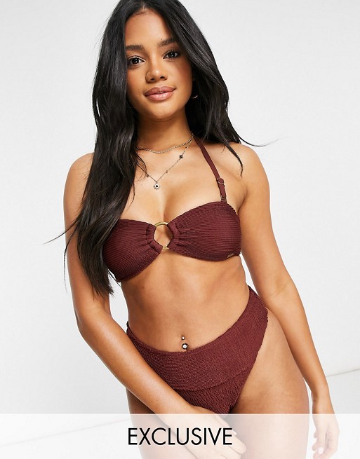 Free Society Exclusive mix and match crinkle triangle bikini top in brown