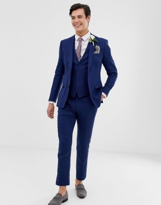 French Connection - Costume de mariage ajusté en lin - Bleu uni