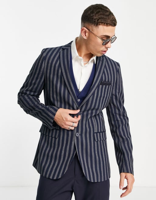 French Connection - Slim fit pak van linnen met strepen