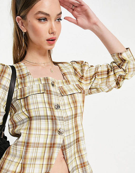 Ghospell square neck blouse and tailored trousers co-ord in beige check