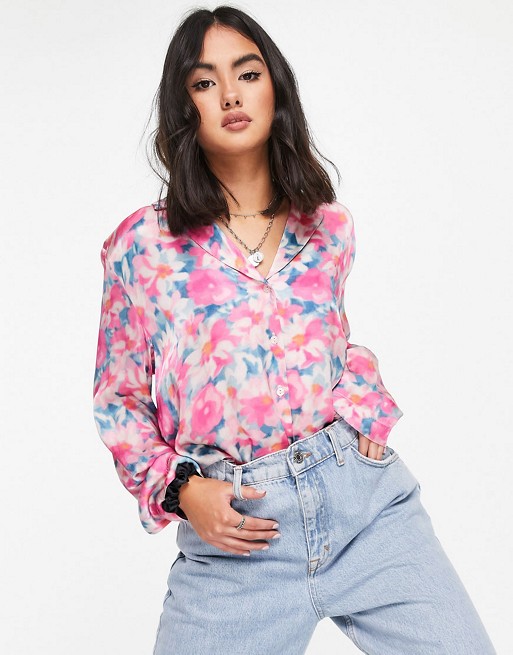 Ghost Lara long sleeve satin shirt and shorts co-ord in smudge floral print