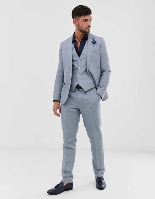 Gianni Feraud Wedding Slim Fit Linen Blue Suit | ASOS