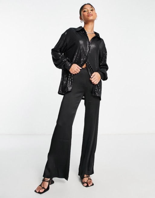 Glamorous oversized shirt and high waisted flare pants set in matte black 