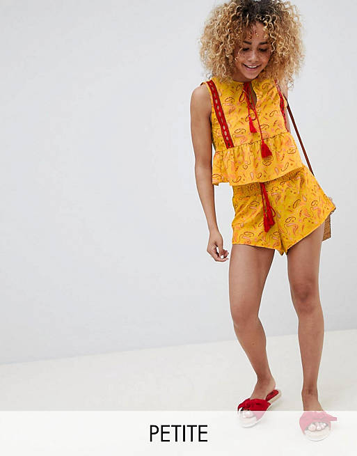 Glamorous Petite Folk Top & Shorts With Tassle Ties In Patchwork Print Two-Piece