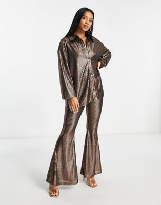 Glamorous Petite high waisted flare trousers in matte brown sequin co-ord