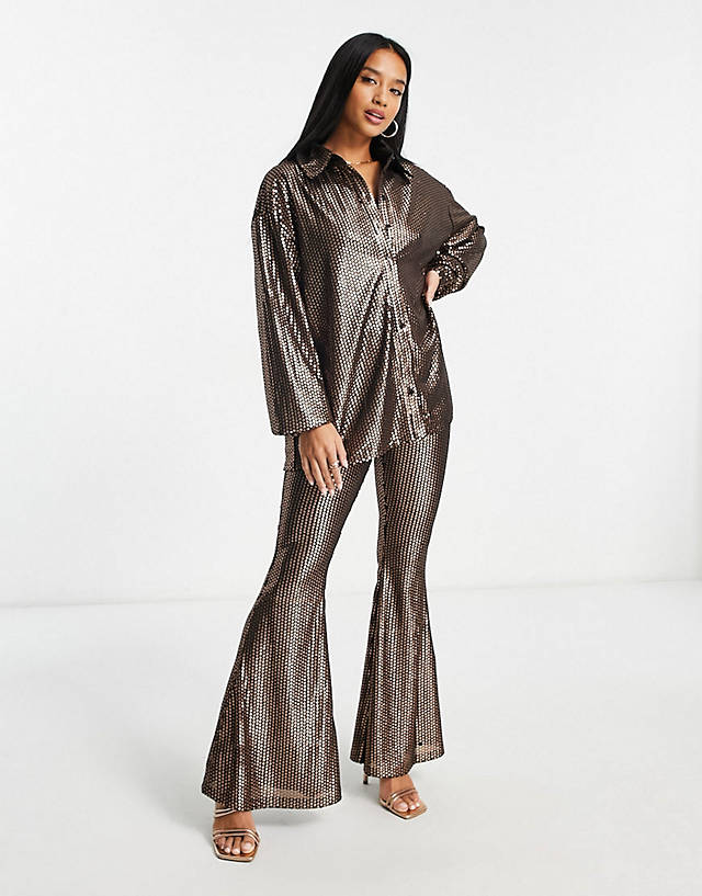 Glamorous Petite - oversized shirt and high waisted flare trousers co-ord in matte
