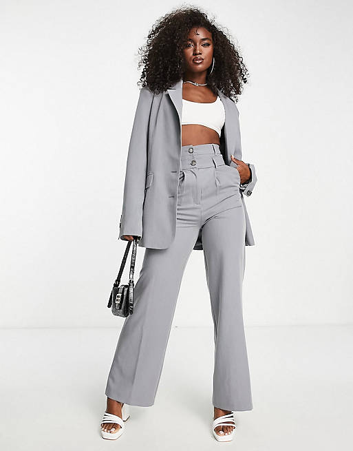 Glamorous tailored blazer and double waist wide leg pants set in icy