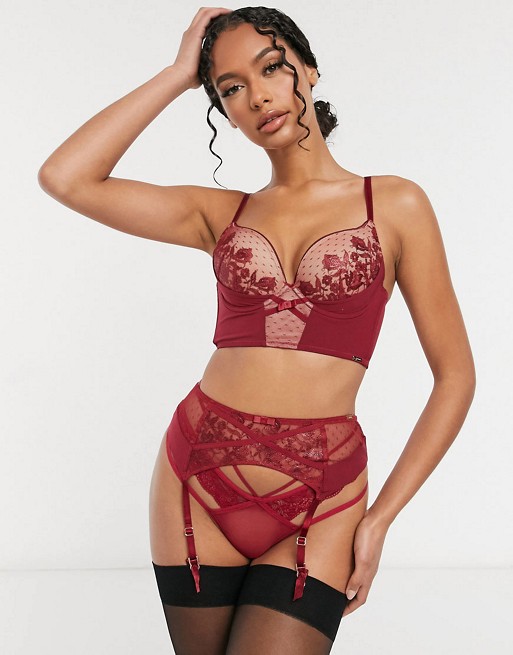 Gossard thong with dobby and floral mesh in bordo red