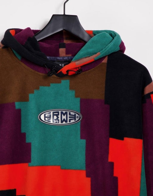 Grimey - Felpa con cappuccio e joggers in pile patchwork arancione e viola