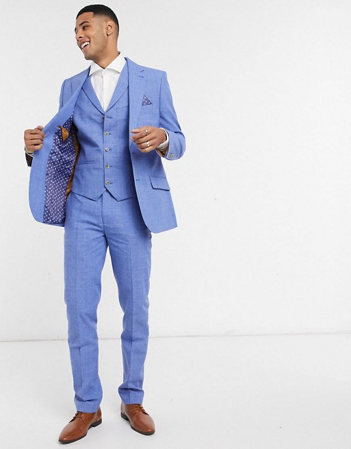 Harry Brown blue linen checked slim fit suit trousers