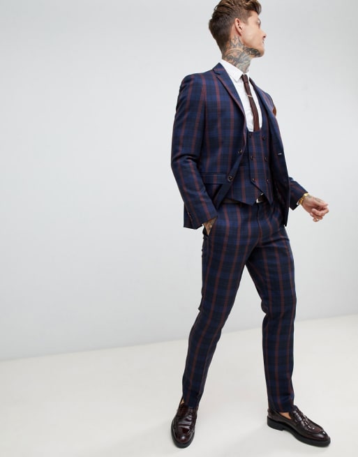 Harry Brown navy and burgundy check slim fit suit