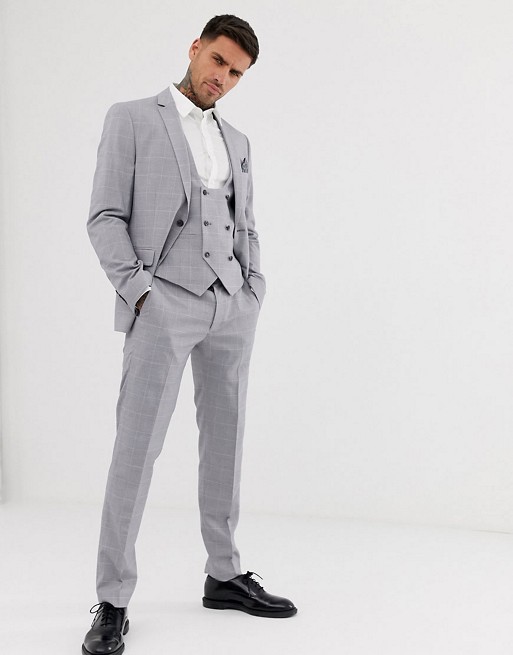 Harry Brown skinny fit light grey stretch check suit
