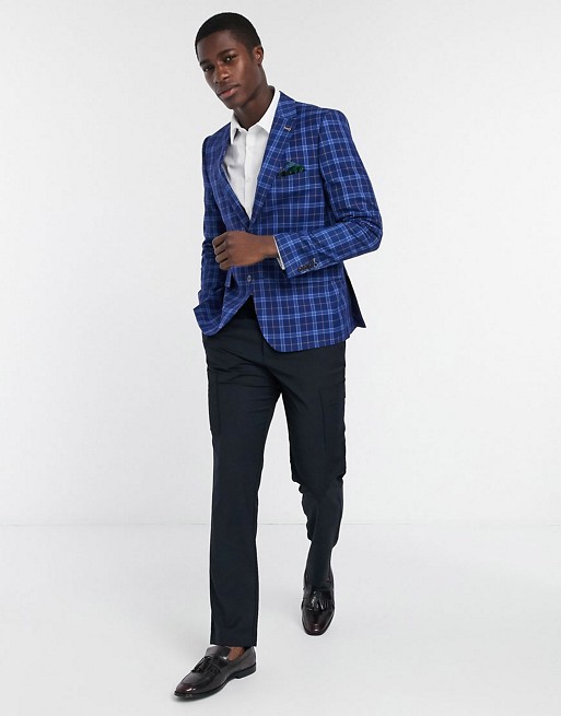 Harry Brown slim fit check suit in blue